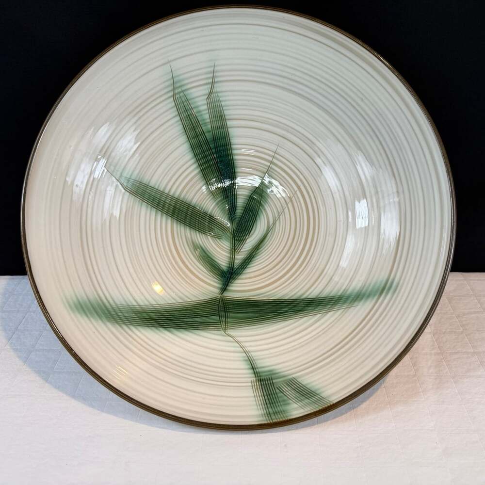 Ceramic stoneware Bamboo Pattern Round Bowl Glossy Finish Beige Green Brown 12”